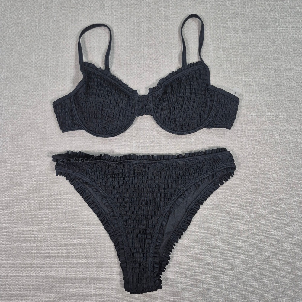 Black Smocked Textured Underwire Ruffle Bikini Set Size M